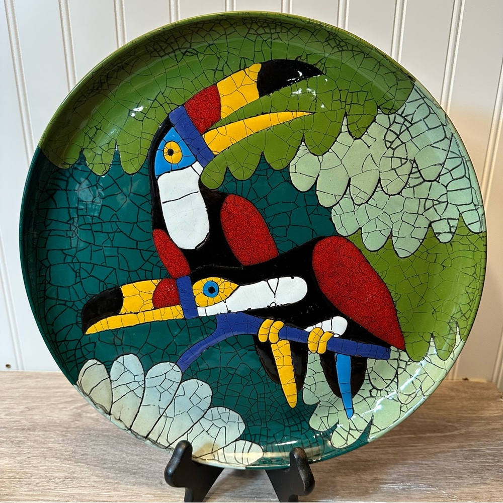 Toucan Birds Brazilian Terra Cotta Crackle Glaze 13” Plate or Tray-VINTAGE